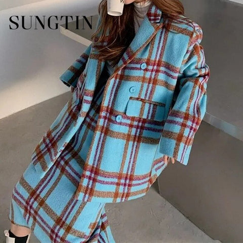 Sungtin Two Pieces Winter Woolen Blazer Skirt Sets Women Plaid Oversize Blazers Jacket Female Split Skirts 2 Piece Suits