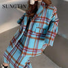 Sungtin Two Pieces Winter Woolen Blazer Skirt Sets Women Plaid Oversize Blazers Jacket Female Split Skirts 2 Piece Suits