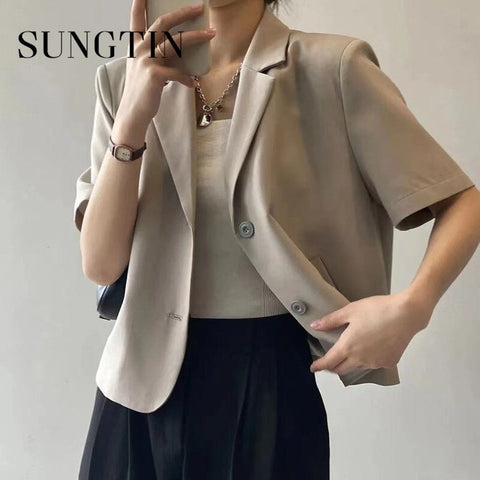 Sungtin Vintage Cropped Blazer Coat Women 2022 Short Sleeve Casual Korean Blazer Summer Spring Female Outerwear Tops