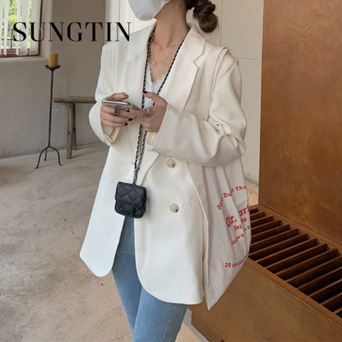Sungtin Vintage Double Breasted Solid Color Casual Blazer Women Office Lady Coats Korean Chic Oversized Loose Jacket 2022 Autumn