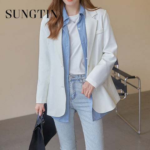 Sungtin Vintage Office Lady Loose Blazer Women Korean Solid Oversized Elegant Jackets Causal Outwear 2022 Chic Button