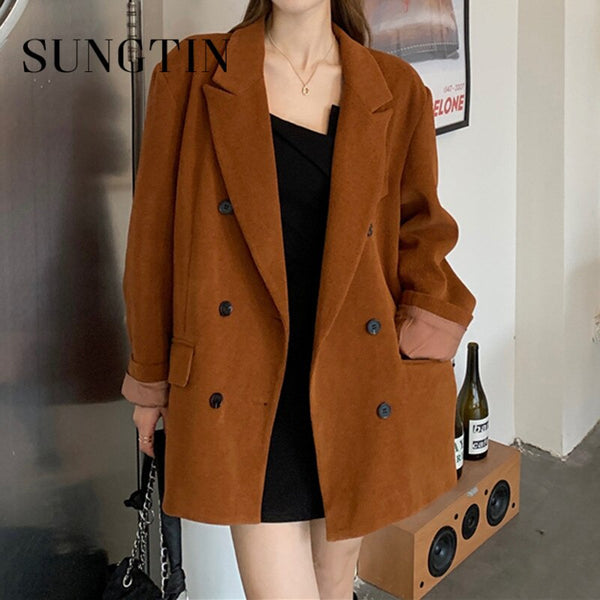 Sungtin Vintage Solid Corduroy Blazers Women Office Lady Double Breasted Oversized Jacket Coat Female Korea Chic Casual Overcoat