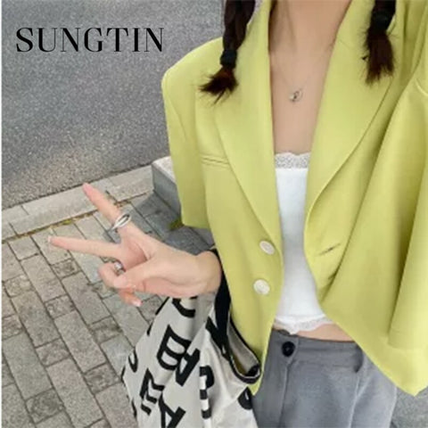 Sungtin White Office Lady Loose Short Blazer Women Blue Short Sleeve Single Breasted Blazers Summer Korean Chic Bleizer De Mujer
