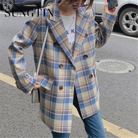 Sungtin Women Office Lady Plaid Oversized Blazer 2022 Elegant Single Breasted Vintage Female Loose Blazer Plaid Jackets OL Korea
