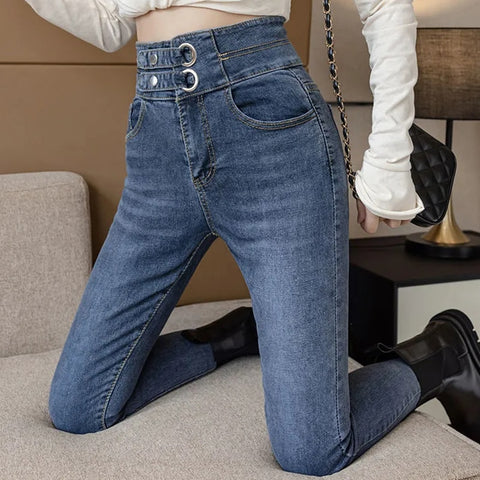 Super Elastic High Waist Pencil Jeans Streetwear Women Skinny Denim Trousers Double Button Retro Stretch Jeans Plus Size S-XL