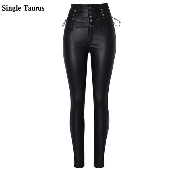 Super High Waist Coated PU Skinny Jeans Women  England Style Lace Up Push Up Sexy Leather Trousers Mujer 2022