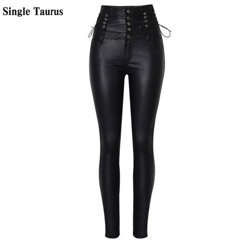 Super High Waist Coated PU Skinny Jeans Women  England Style Lace Up Push Up Sexy Leather Trousers Mujer 2022