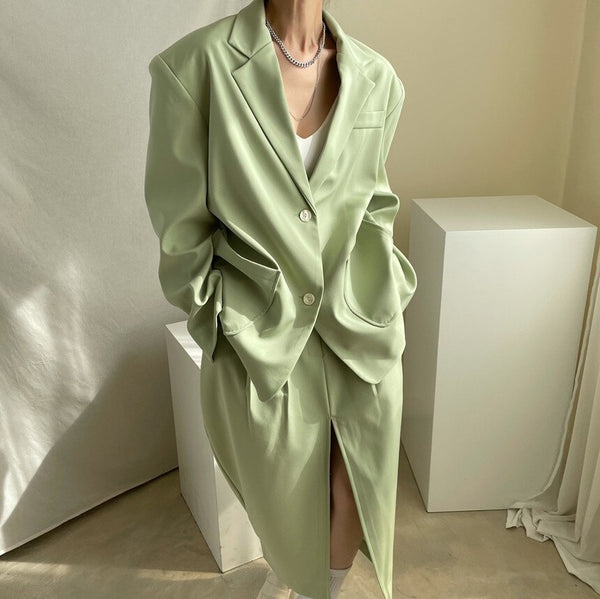 SuperAen 2022 Office Lady Solid Retro All Match Split Skirt Set+ Loose Suit Coat