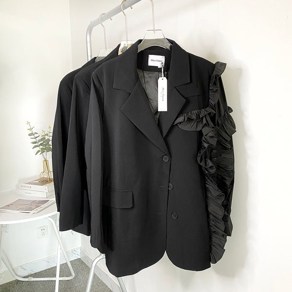 SuperAen 2023 Spring/Autumn Loose Wooden Ear Patchwork Irregular Suit Jacket Notched Full Solid Casual Blazer Women