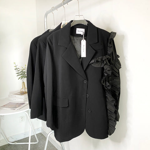 SuperAen 2023 Spring/Autumn Loose Wooden Ear Patchwork Irregular Suit Jacket Notched Full Solid Casual Blazer Women