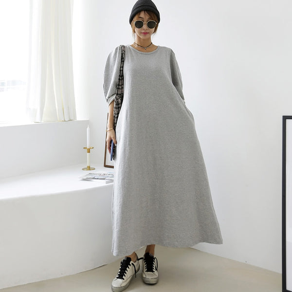 SuperAen Autumn Winter Long Plus Size O Neck Loose Cotton Sweatshirt Solid A-LINE Ankle-Length Casual Dress for Women