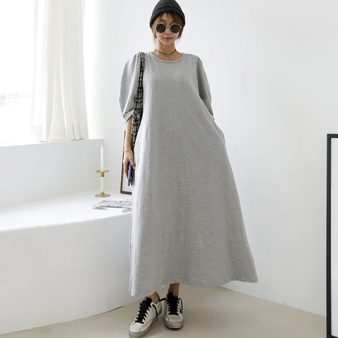 SuperAen Autumn Winter Long Plus Size O Neck Loose Cotton Sweatshirt Solid A-LINE Ankle-Length Casual Dress for Women