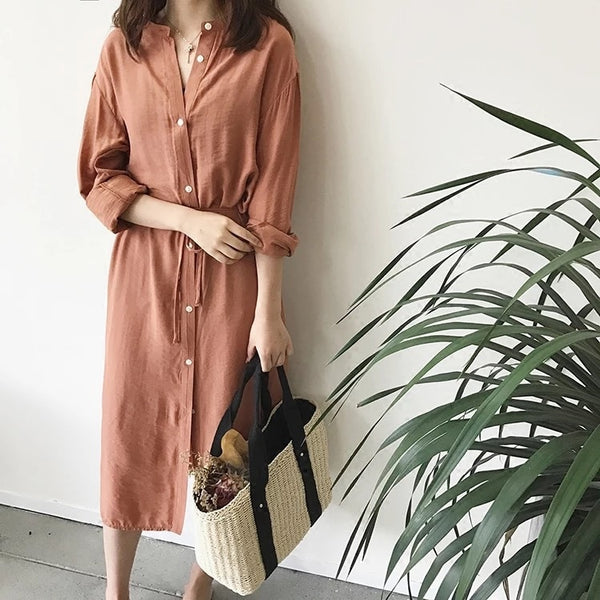 Cotton Linen Women Dress Summer New 2022 Solid Color Fashion Ladies Dress Long Sleeve Loose Wild Korean Style Dresses