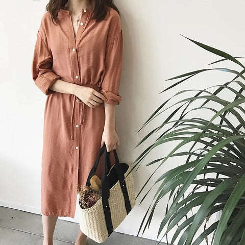 Cotton Linen Women Dress Summer New 2022 Solid Color Fashion Ladies Dress Long Sleeve Loose Wild Korean Style Dresses