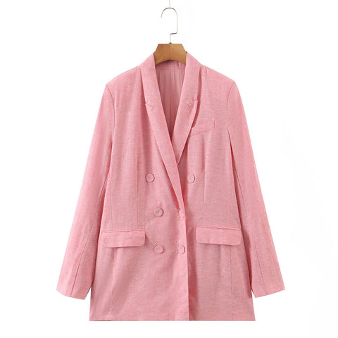 SuperAen European and American Style Women's 2023 Double Row Button Pocket Decoration Long Sleeve Loose Linen Blazer