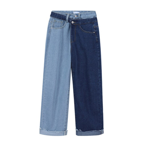 SuperAen Fake Two Piece Color Contrast Patchwork Jeans for Women 2022 Loose Wide Leg Capris Harem Pants