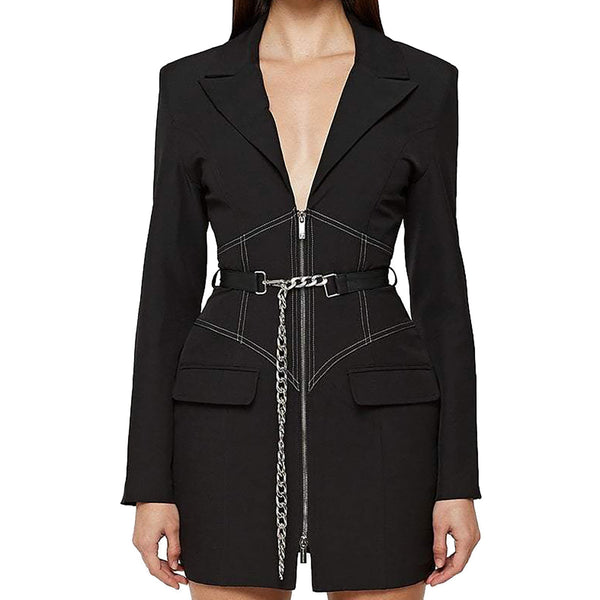 SuperAen Clothes 2023 Spring Slim Fit Sexy Belt Notched Black Office Lady Suit Coat Jacket Women