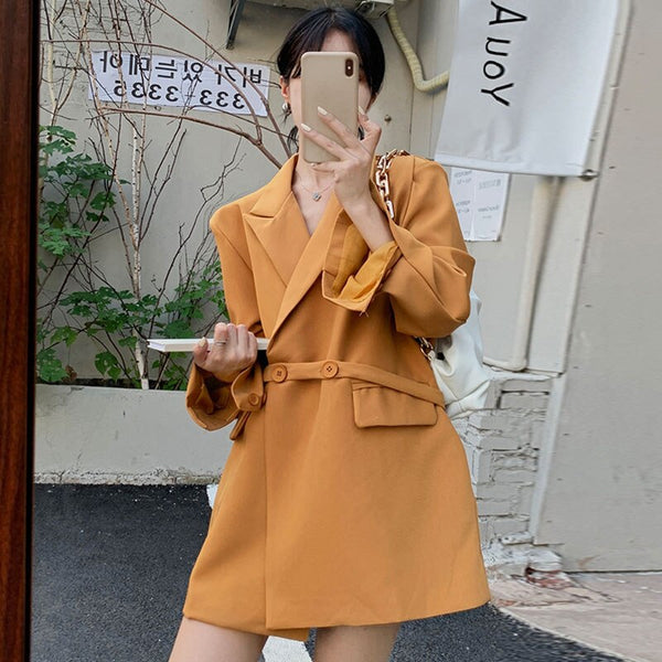 SuperAen Korea Chic Autumn Retro Suit Collar Double-breasted Lace Waist Loose Long Sleeve Blazer Jacket Female