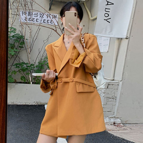 SuperAen Korea Chic Autumn Retro Suit Collar Double-breasted Lace Waist Loose Long Sleeve Blazer Jacket Female