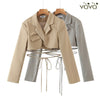 SuperAen 2023 Solid Double Breasted Full Notched Office Lady Short Suit Jacket Women