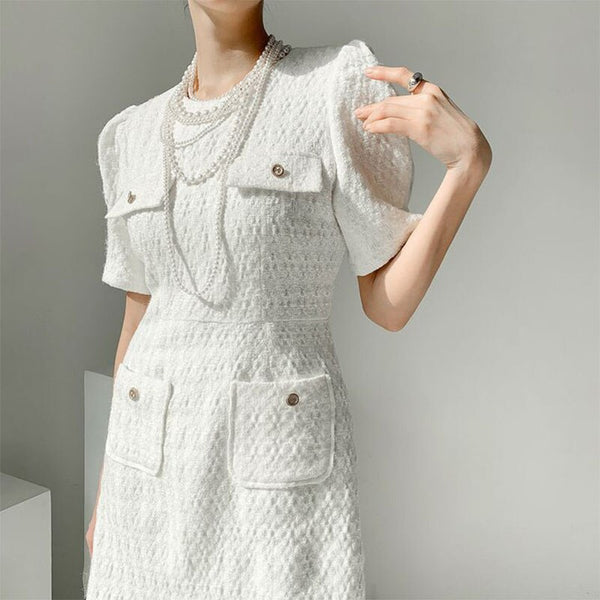 SuperAen O Neck Three-dimensional Granular Multiple Pockets A-LINE Casual Solid Office Lady Dresses for Women