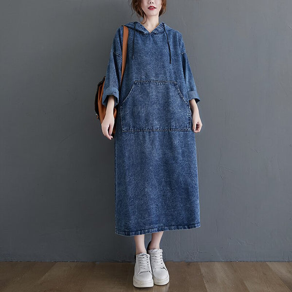 SuperAen Plus Size Spring Autumn Retro Loose Denim Dress for Women Hooded Full Casual Casual Top