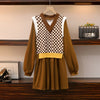 SuperAen Plus Size Women's Autumn Winter Fake Two-piece Plaid Knit Patchwork A-LINE Casual Dress for Women