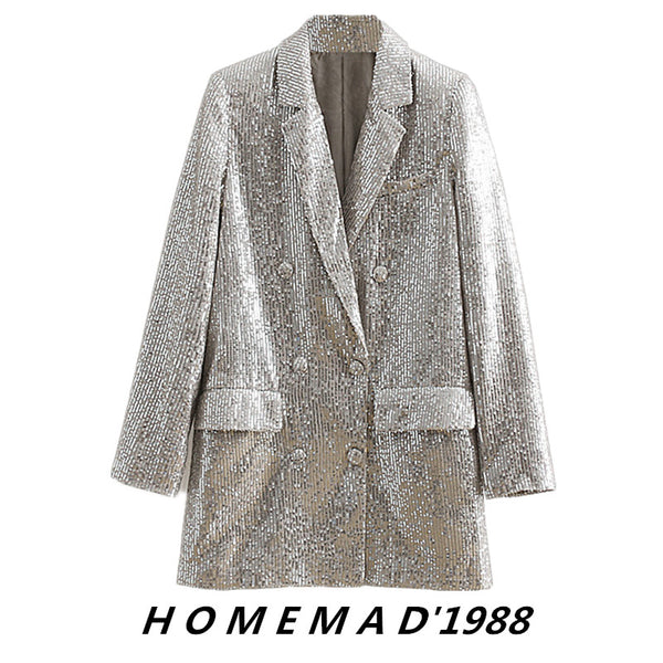 SuperAen Spring Style Solid Sequin Embroidery Notched Double Breasted Full Jacket Women Blazers