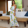 Suspenders Square Collar Ruffles Beach Dress for Women Lace Up Floral Print Bohemia Dresses High Waist Slim Sexy Slit Maxi Dress