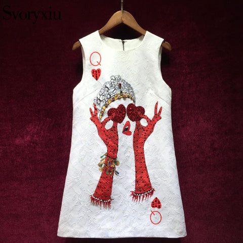 Runway Custom White A Line Short dresses Women's Diamonds Sequined Queen Print Sleeveless party Dress Female