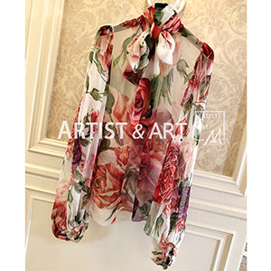 Autumn High Quality Silk Blouses Shirts Women's Charming Big Peony Flower Print Runway Custom Tops Blouse