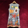 Runway Vintage Houndstooth Short Dress Women's luxurious Beading Diamonds Starfish Poker Cards Print Sleeveless Dress