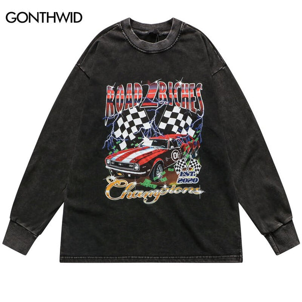 Sweatshirt Men Hip Hop Retro Car Print Pullover Hoodie Vintage Casual Cotton Loose Streetwear 2023 Harajuku Sweatshirt