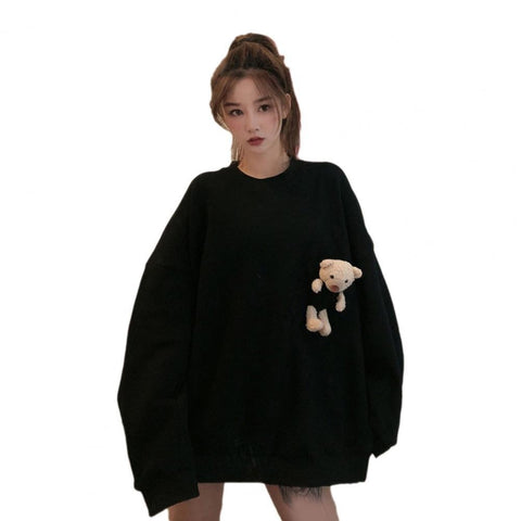 Sweatshirt Women Autumn Long Sleeve Pocket Cute Bear Blouse Top O Neck Oversized Sweatshirt