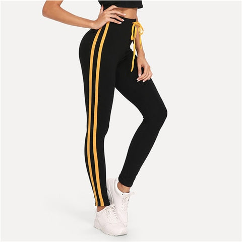 Black Contrast Tape Side Leggings Striped Drawstring Crop Leggings Women Stretchy Sporting Athleisure Leggings