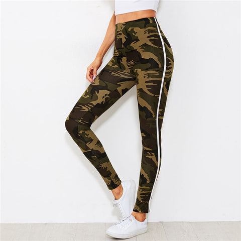 Camo Print Tape Side Leggings New Fashion Multicolor Striped Woman Trousers Stretchy Long Fitness Leggings