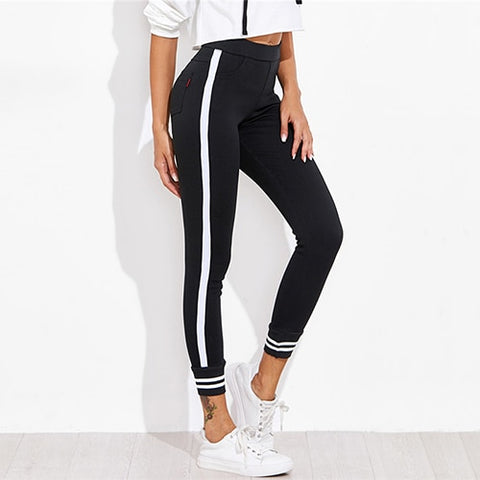 Contrast Striped Fitness Leggings Women Black Casual Slim Cotton Tapered Pants 2022 Elastic Waist Workout Leggings