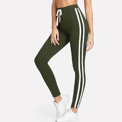 Contrast Tape Side Leggings Army Green Stretchy Exercise 2022 Active Regular Striped Crop Drawstring Leggings