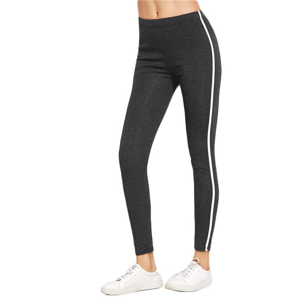 Dark Grey Striped Side Leggings Women Mid Waist Fitness Exercise Leggings 2022 Stretchy Leggings For Ladies