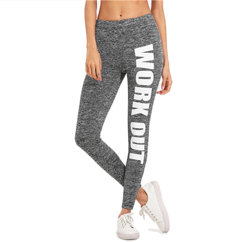 Grey Slogan Print Workout Leggings Women Fitness Mid Waist Elastic Leggings 2022 Spring Athleisure Leggings