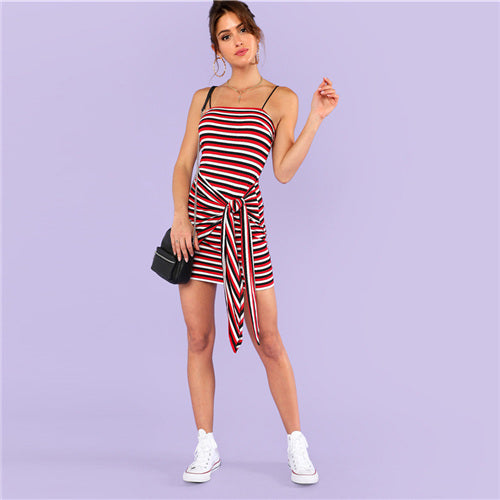 Knot Front Striped Ribbed Cami Dress Summer Spaghetti Strap Backless Dresses Women Multicolor Bodycon Elegant Dress