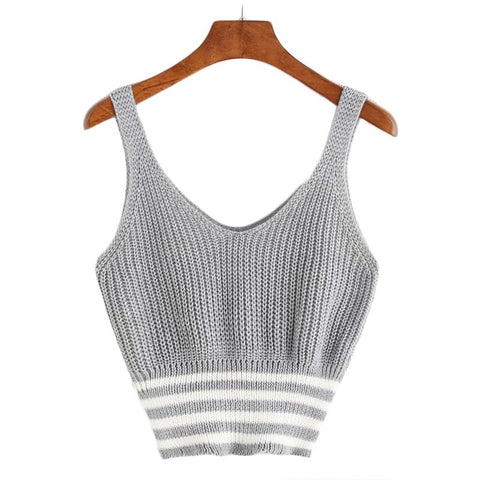 Marled Knit Double V Neck Striped Hem Tank Top 2022 Grey Patchwork Casual Crop Top Vest Workout Top Vest For Women