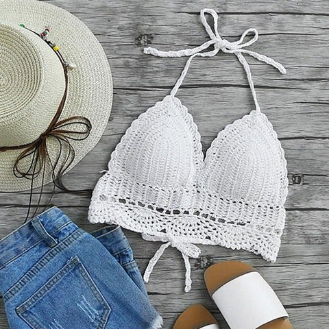 Women Tops Summer 2022 New Arrival Ladies White Hollow Out Crochet Halter Top Summer Woman Vacation Top