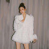 Sweet Bow Diamond Buttons White Suit Blazer Coats Women Layered Mesh Feather Slim Blazer Jacket 2023 Autumn Clothing