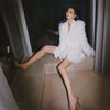 Sweet Bow Diamond Buttons White Suit Blazer Coats Women Layered Mesh Feather Slim Blazer Jacket 2023 Autumn Clothing
