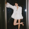 Sweet Bow Diamond Buttons White Suit Blazer Coats Women Layered Mesh Feather Slim Blazer Jacket 2023 Autumn Clothing