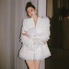 Sweet Bow Diamond Buttons White Suit Blazer Coats Women Layered Mesh Feather Slim Blazer Jacket 2023 Autumn Clothing