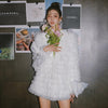 Sweet Bow Diamond Buttons White Suit Blazer Coats Women Layered Mesh Feather Slim Blazer Jacket 2023 Autumn Clothing