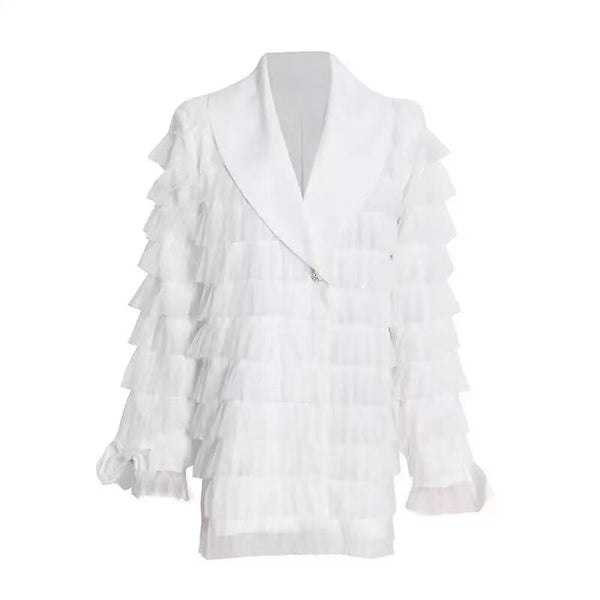 Sweet Bow Diamond Buttons White Suit Blazer Coats Women Layered Mesh Feather Slim Blazer Jacket 2023 Autumn Clothing