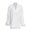 Sweet Bow Diamond Buttons White Suit Blazer Coats Women Layered Mesh Feather Slim Blazer Jacket 2023 Autumn Clothing